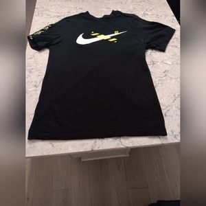 The Nike Tee Black w/white swoosh and yellow blocks white swoosh on sleeve AD S
